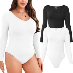 Women Long Sleeve Bodysuits 2 Pack, V Neck Sexy Tops with Ribbed Seamless Design (size: S)